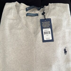 Polo by Ralph Lauren Men's Light Gray V-Neck Cotton Sweater with Navy Pony